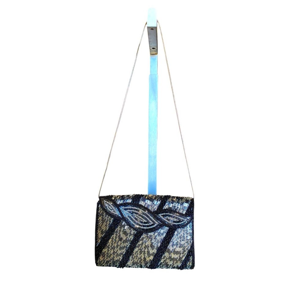 Neiman Marcus VTG Sequin Silver Cord Strap Black shoulder/messenger handbag